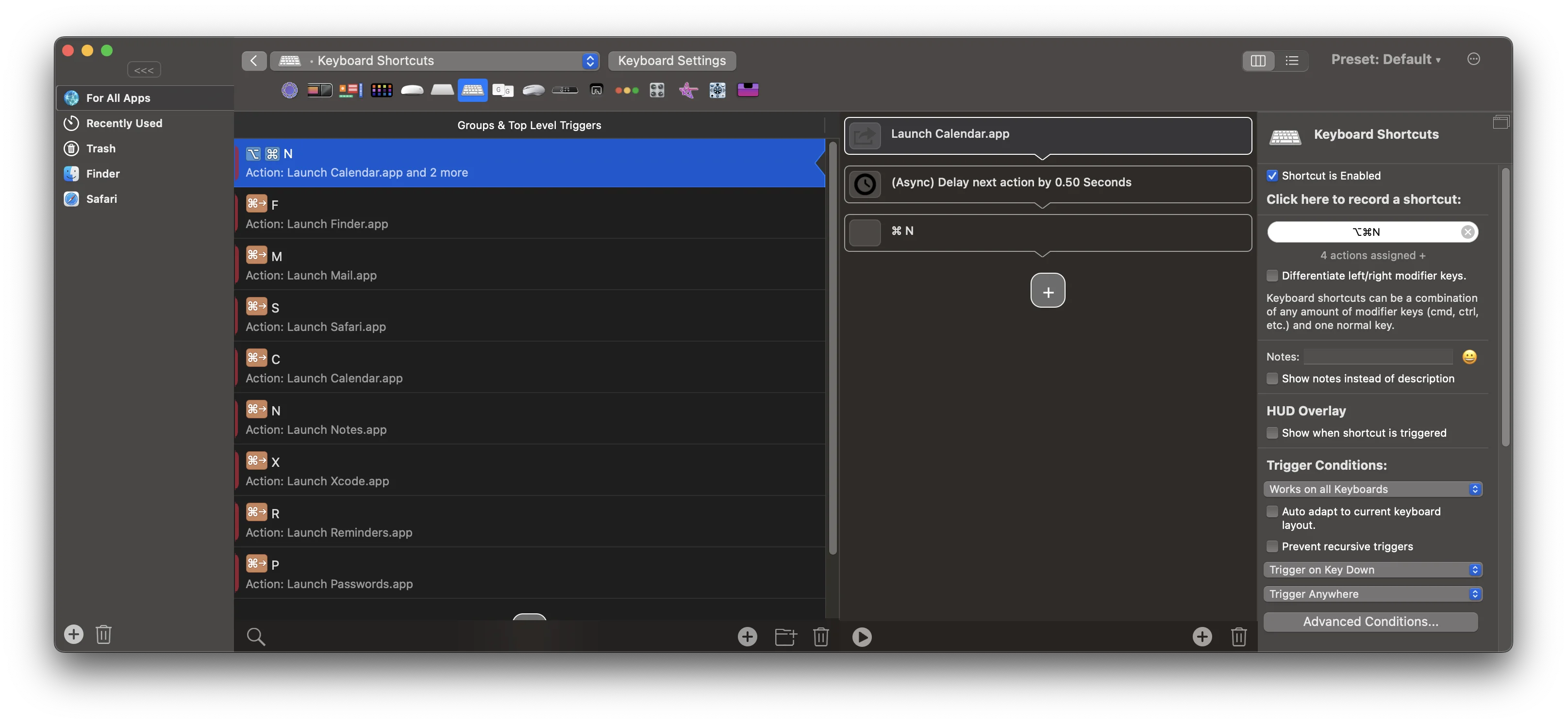 BetterTouchTool interface showing gesture configuration options on macOS