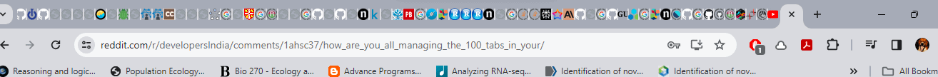 A Chrome window on a Mac with more than fifty tabs open, each one collapsed to an unreadable favicon sliver