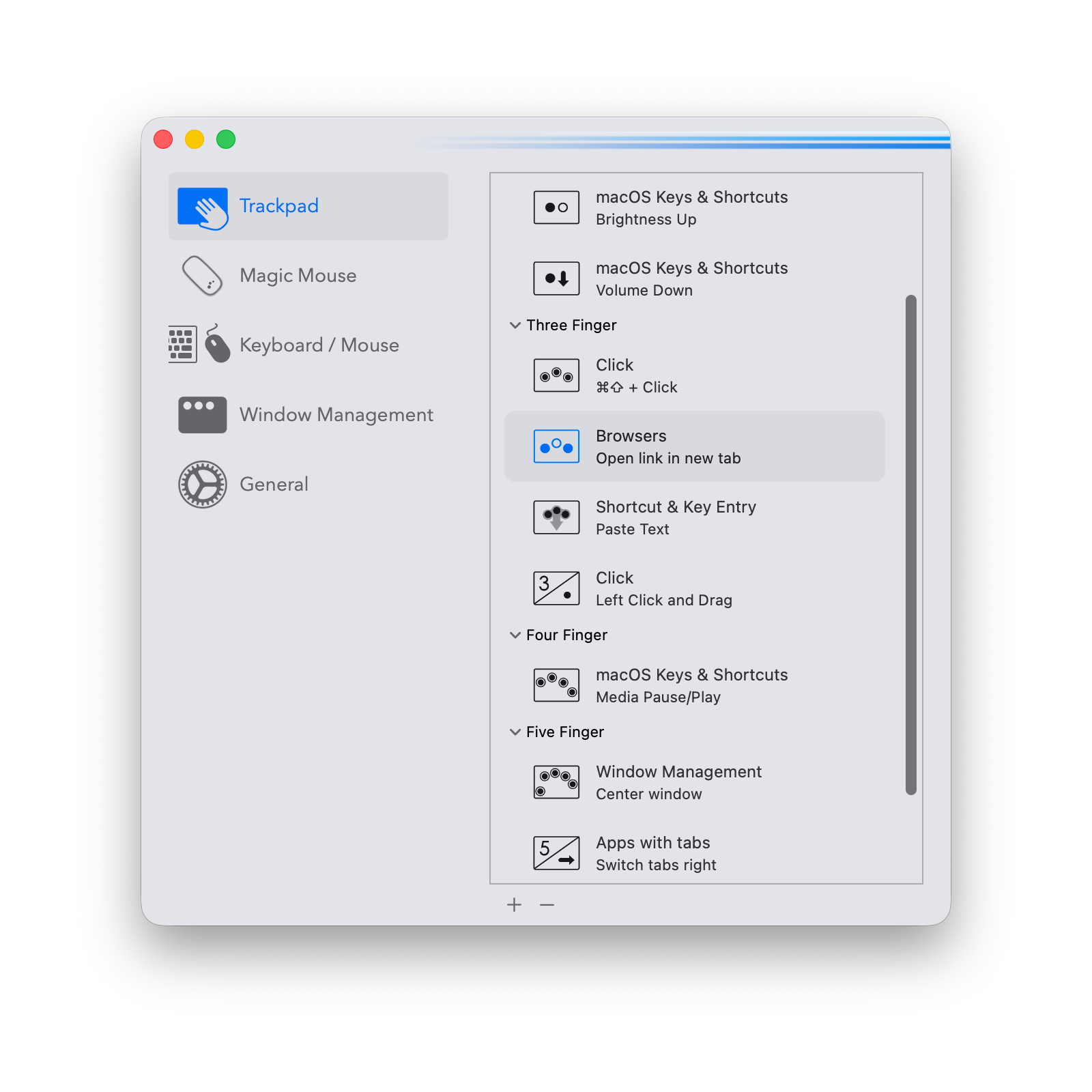 Multitouch app showing trackpad gesture configuration on macOS