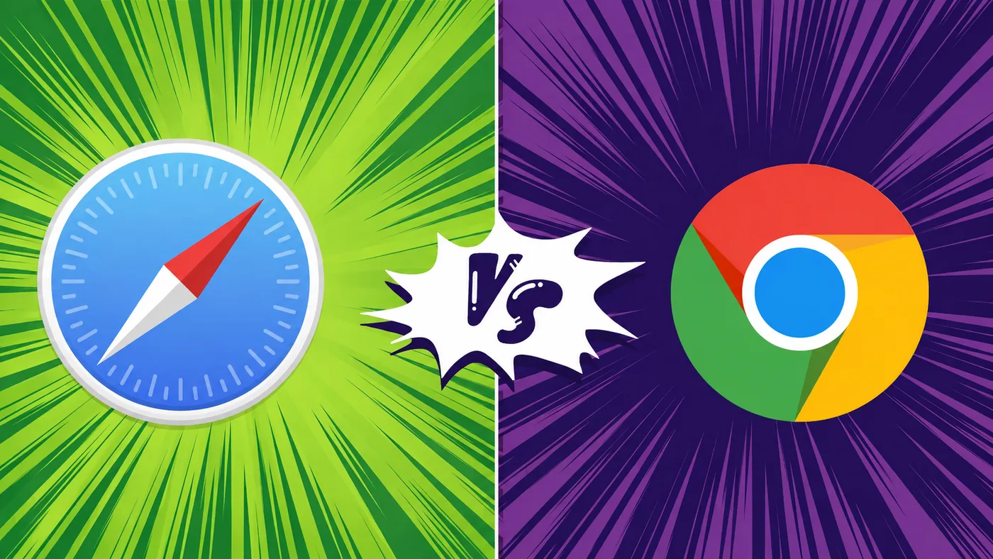 Safari and Chrome logos facing off, comic-book style
