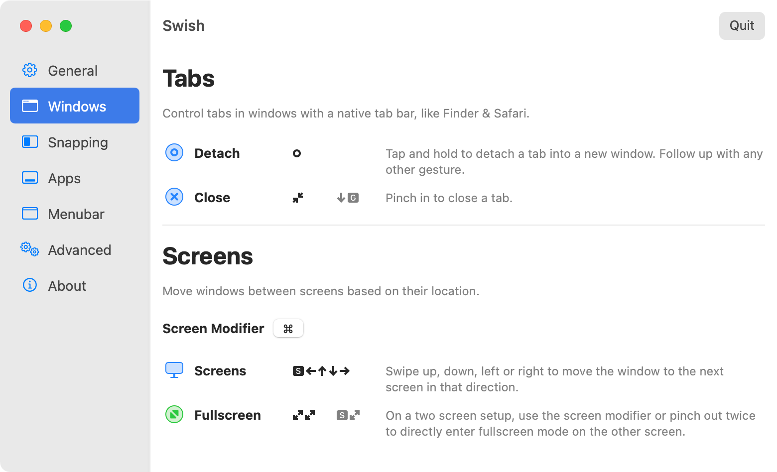 Swish app interface showing trackpad window management gestures on macOS