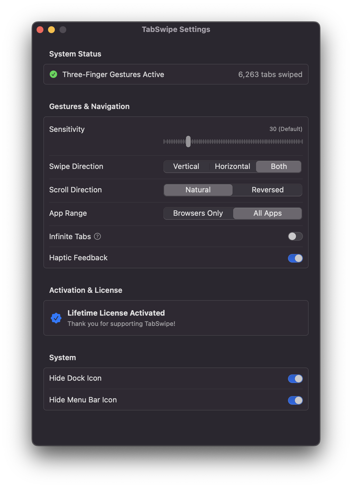 TabSwipe interface showing browser tab switching with trackpad gestures on macOS